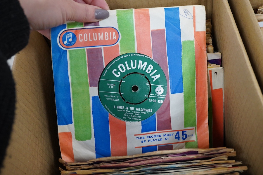 Three boxes of 7 inch singles, all on the Columbia label, artists include; Cliff Richard and the Drifters, the Tarriers, Benny Goodman, Doris Day, Eddie Calvert, The Animals, the Shadows, Kathy Kirby, Hank Marvin, The Ba